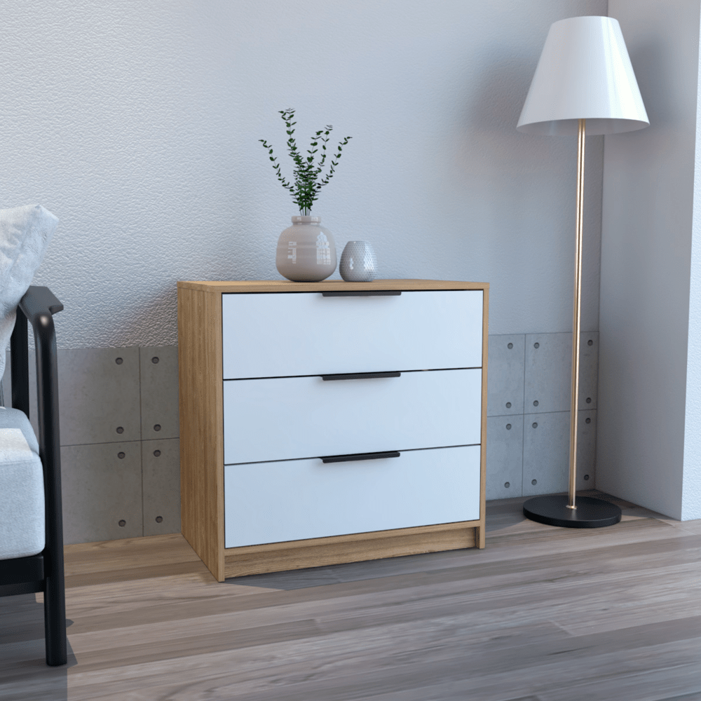 Dresser 27'H, 3 Drawers Dresser, Superior Top, White / Light Oak