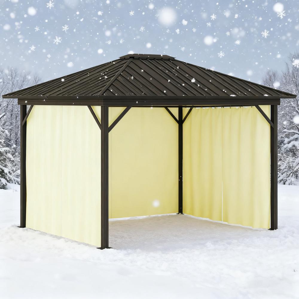 Gazebo with Curtains Netting 11.9' x 9.8' Metal Roof Gazebo Canopy with Aluminum Frame and Top Hook, Cream