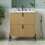 30' Bathroom Vanity with Ceramic Sink, Equipped with Vertical Pulls and Full-Extension Drawers, Freestanding Bathroom Vanity with Soft Close Drawer Slides, Fluted Design, Natural
