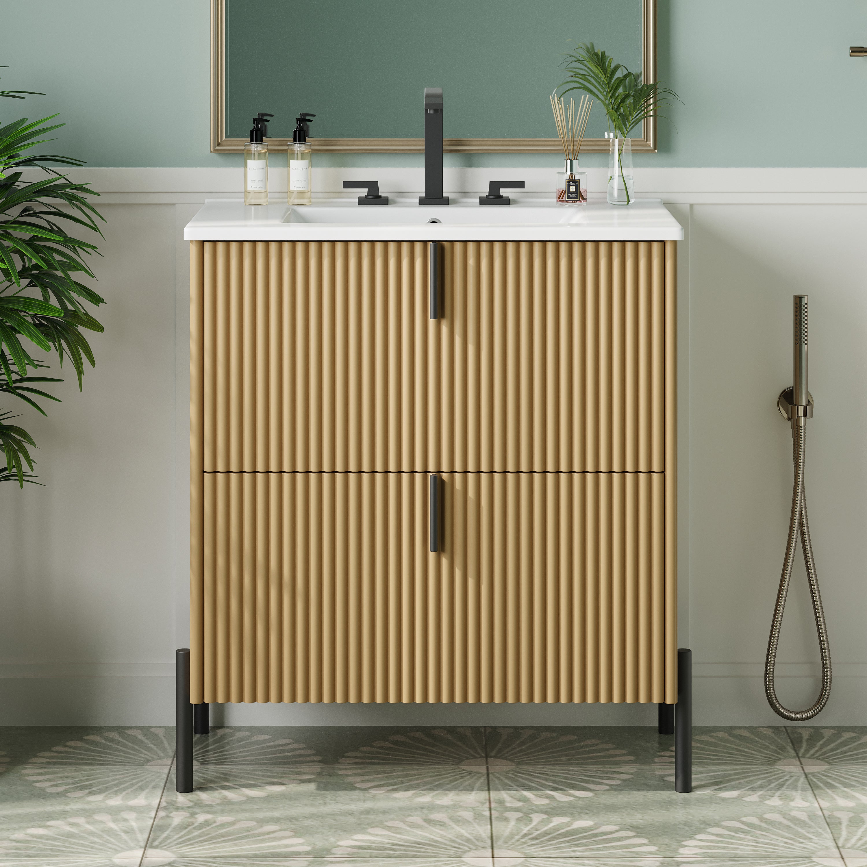 30' Bathroom Vanity with Ceramic Sink, Equipped with Vertical Pulls and Full-Extension Drawers, Freestanding Bathroom Vanity with Soft Close Drawer Slides, Fluted Design, Natural