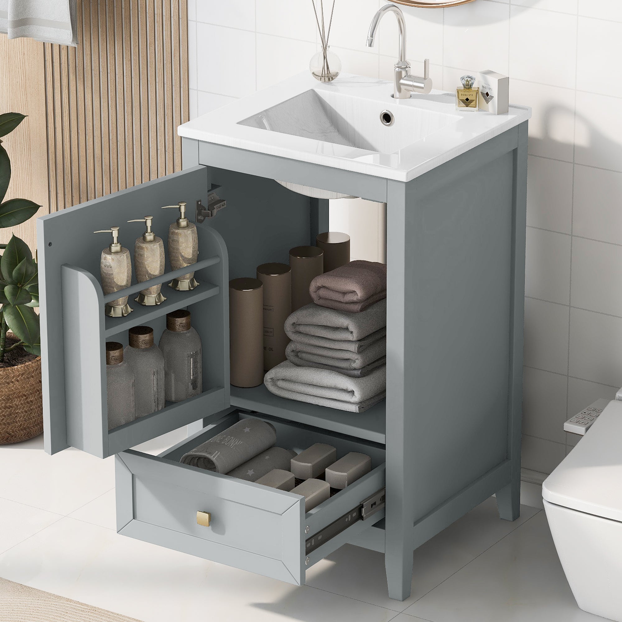 20' Bathroom Vanity with Sink, Bathroom Cabinet with Soft Closing Door, Storage Rack and A Drawer, Grey
