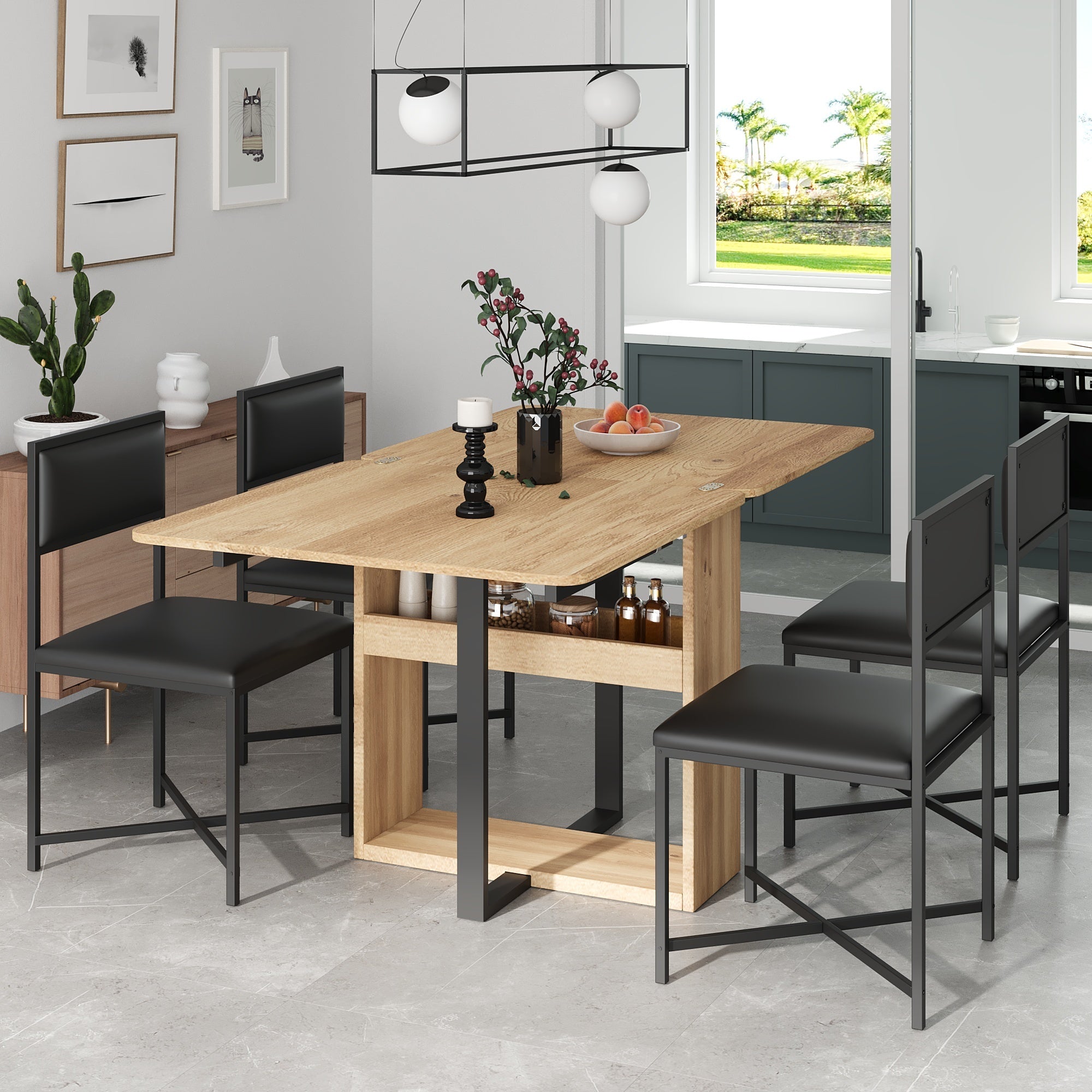TOPMAX Modern Compact 63inch 5-Piece Extendable Dining Table Set, Foldable Square Kitchen Table Set with Storage Rack and 4 PU Leather Upholstered Dining Chairs for Small Places, Black