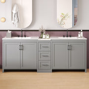 84' Double-Sink Bathroom Vanity, 2 Ceramic Sinks and a Quartz Countertop, with Adjustable Shelves and 3 Drawers, Large storage space, Silver Metal Handles and Soft Close Hinges Design, Gray
