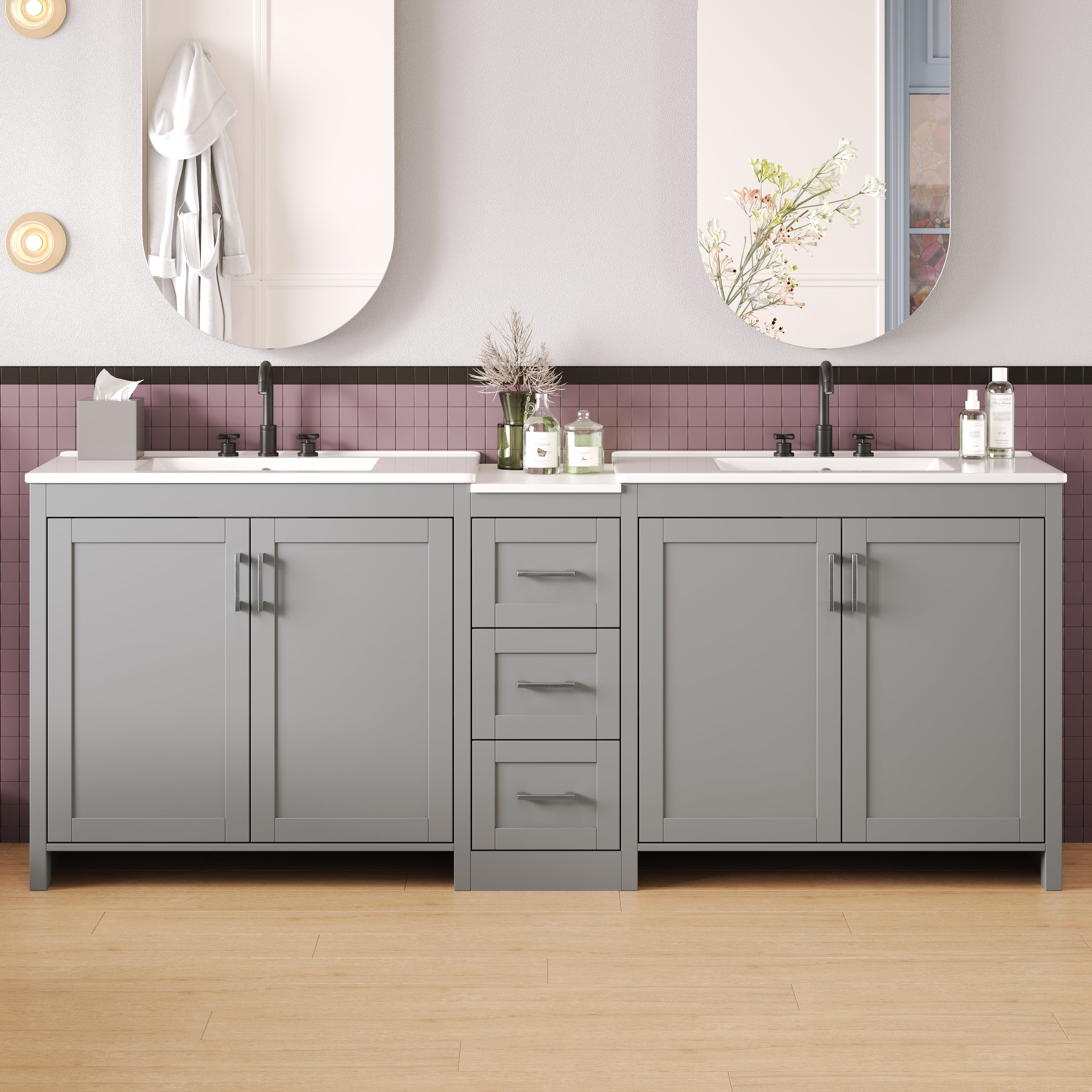84' Double-Sink Bathroom Vanity, 2 Ceramic Sinks and a Quartz Countertop, with Adjustable Shelves and 3 Drawers, Large storage space, Silver Metal Handles and Soft Close Hinges Design, Gray