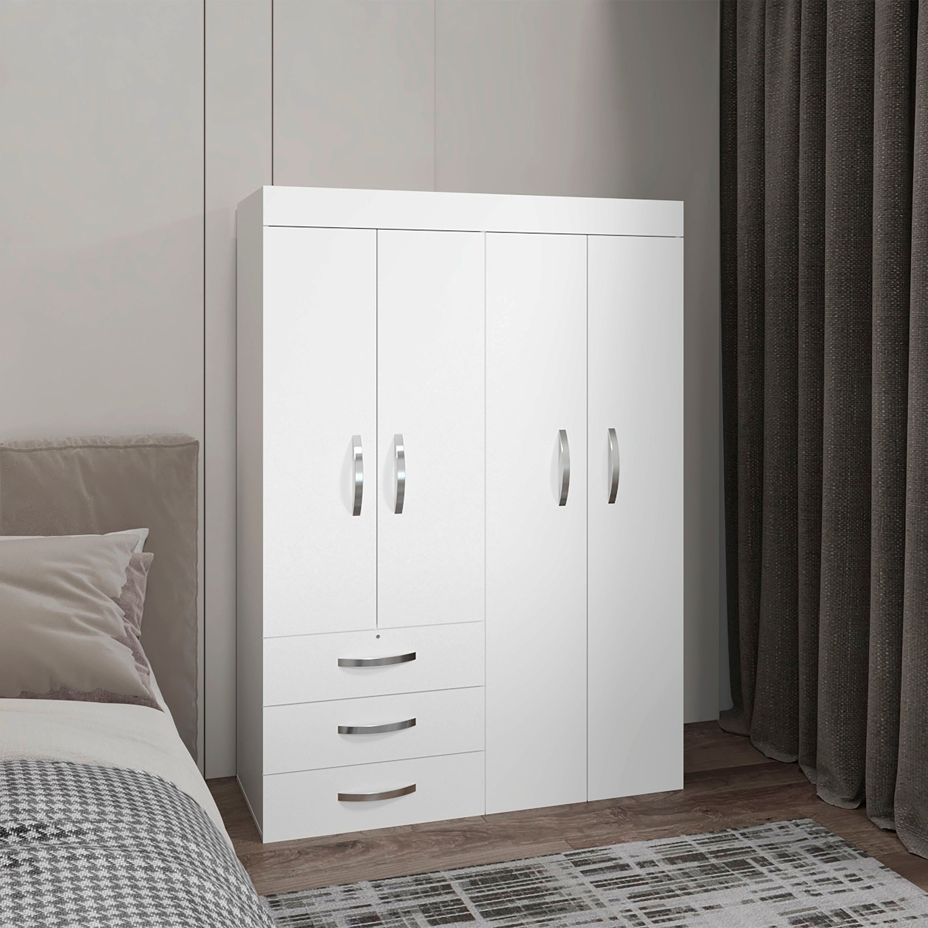 Denver Adjustable Armoire, Rods, Double Door Cabinet, Three Drawers, Two Shelves White