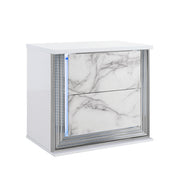 Modern MOON White Marble Nightstand with LED Light and Rich Chrome Accents in Solid Wood