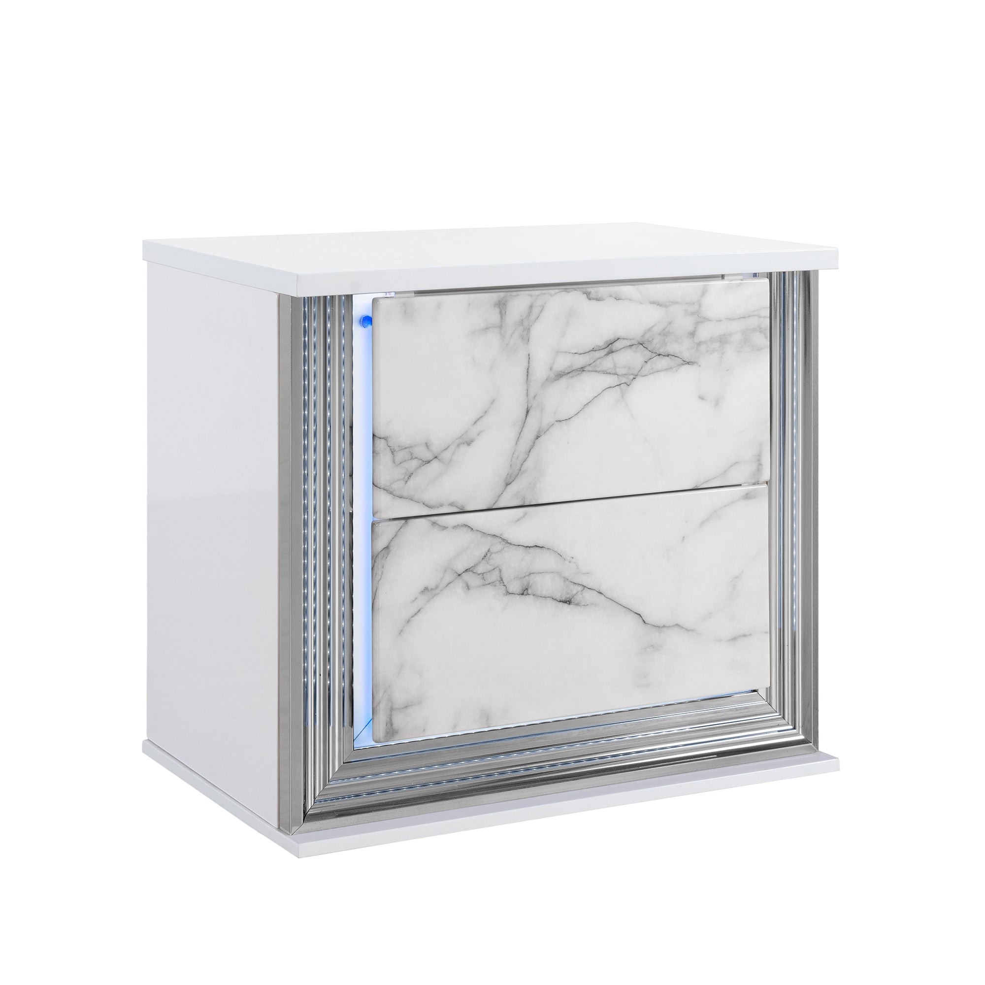 Modern MOON White Marble Nightstand with LED Light and Rich Chrome Accents in Solid Wood