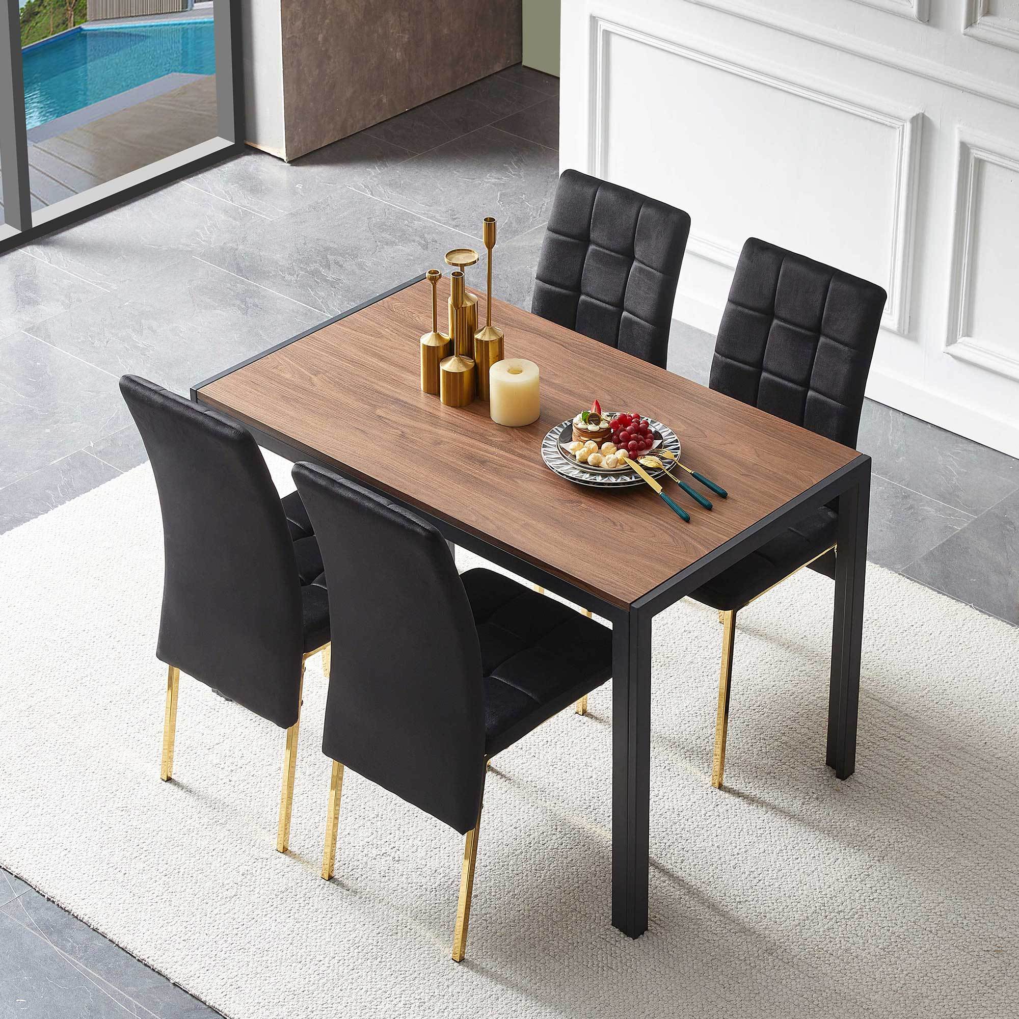 5-Pieces Dining Set Including Black Velvet High Back Golden Color Legs Nordic Dining Chair & Creative Design MDF Dining Table
