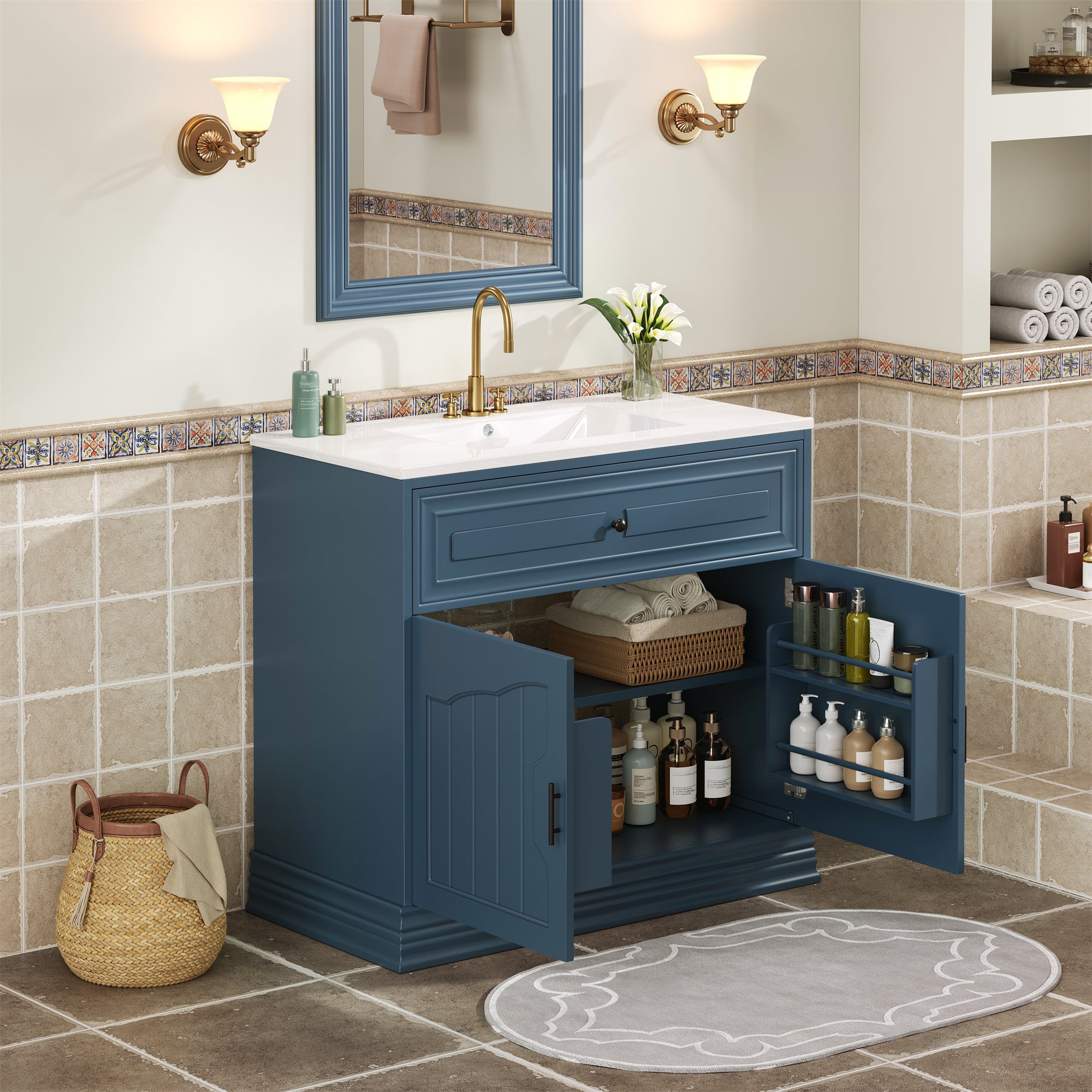 36' Luxurious Bathroom Vanity with Ceramic Sink, Bathroom Vanities Cabinet with 2 large Soft Closing Doors, Solid Wood Frame Bathroom Storage Cabinet