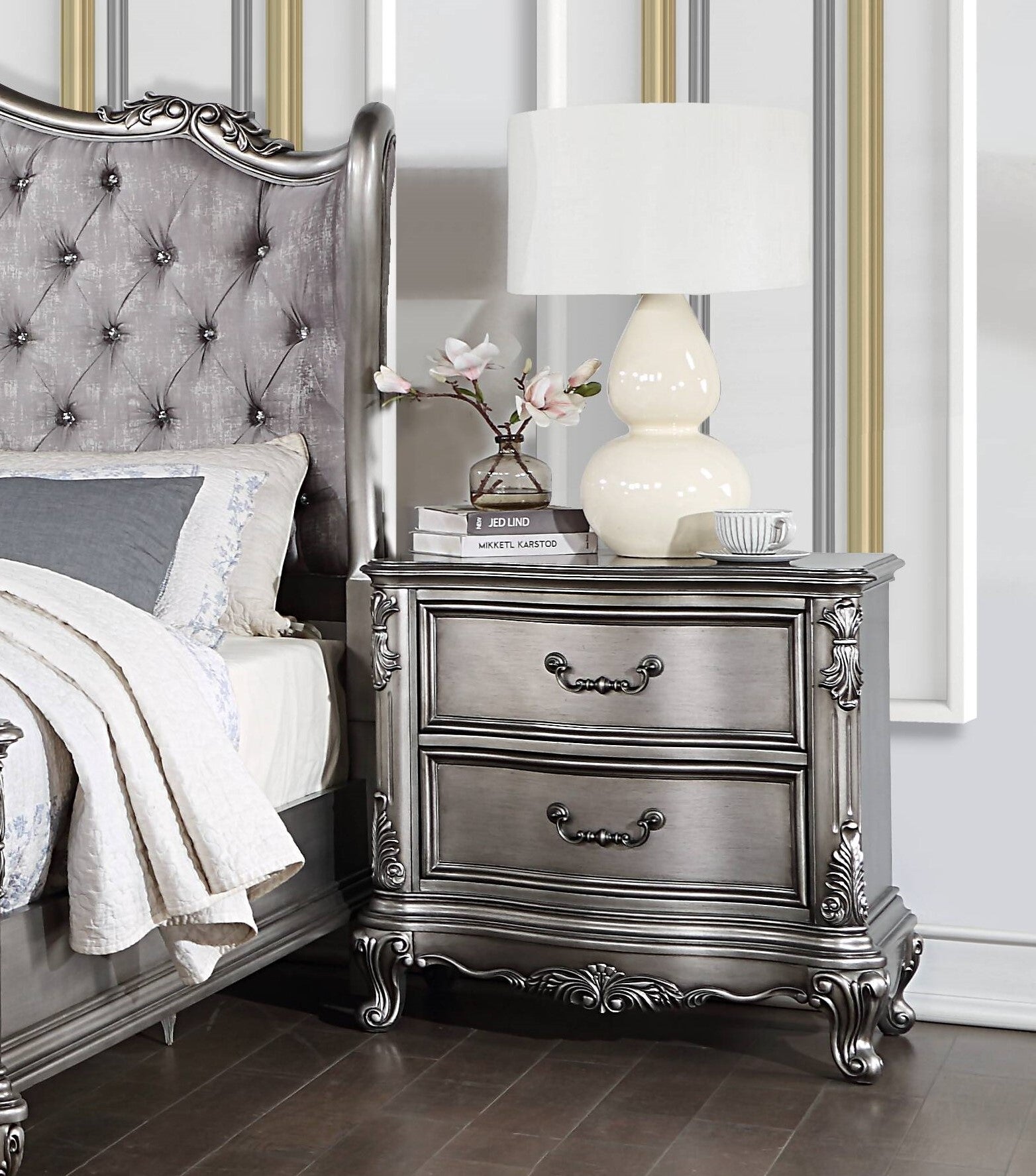 Traditional Vintage Bedroom 1pc Nightstand with 2 Drawers Antique Platinum Finish Wooden Furniture Classic Design