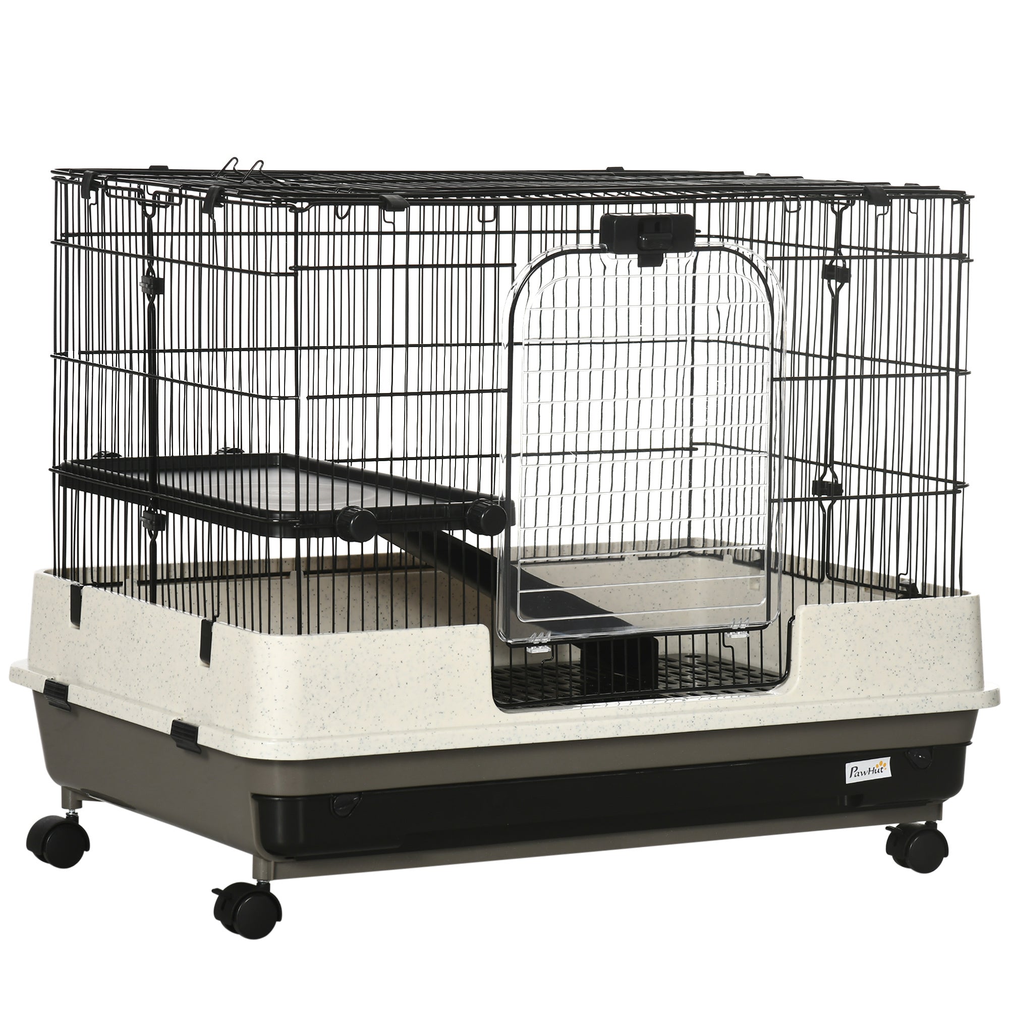 PawHut 26' Small Animal Cage with Wheels, 2-Level Portable Bunny Cage, Chinchilla Ferret Cage with Removable Tray, Platform and Ramp