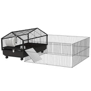 PawHut Small Animal Cage with Foldable Run Area, Rolling Bunny Cage, Guinea Pig Cage, Hedgehog Cage with Water Bottle, Water Bowl, and Ramps, 46.5'