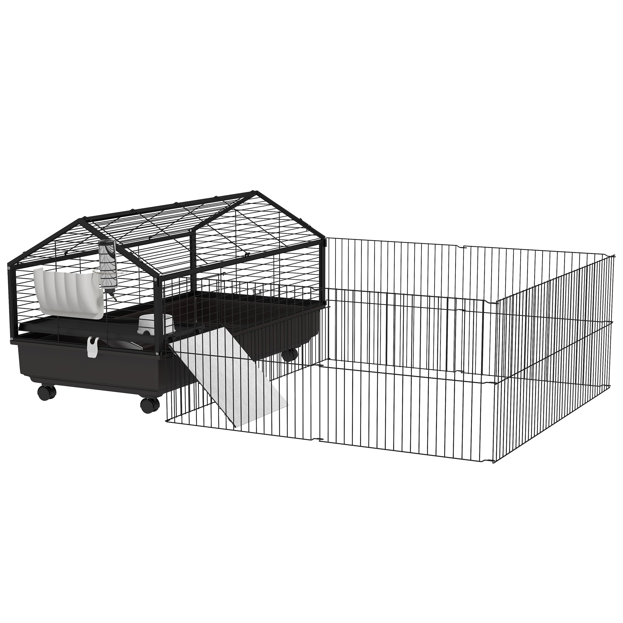 PawHut Small Animal Cage with Foldable Run Area, Rolling Bunny Cage, Guinea Pig Cage, Hedgehog Cage with Water Bottle, Water Bowl, and Ramps, 46.5'