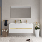 60' Wall-Mounted Bathroom Vanity with Sink, Floating Bathroom Storage Cabinet with Stone Resin Countertop and Soft Close Drawers, Glossy White 24V15-60DGW