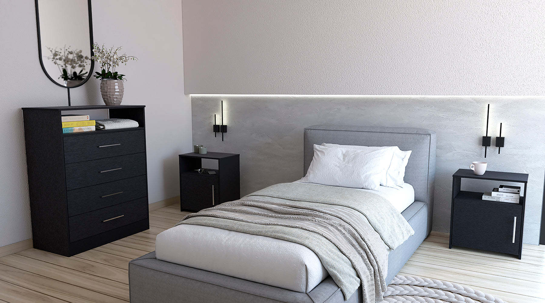 3 Piece Bedroom Set, Kairo Dresser + Omaha Nightstand + Omaha Nightstand, Black
