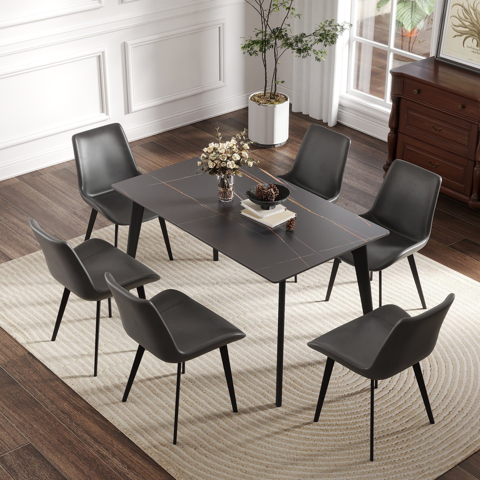 55.12' Modern Artificial Stone Black Straight Edge Black Metal Leg Dining Table-Can Accommodate 6 People(Dining Table Only)