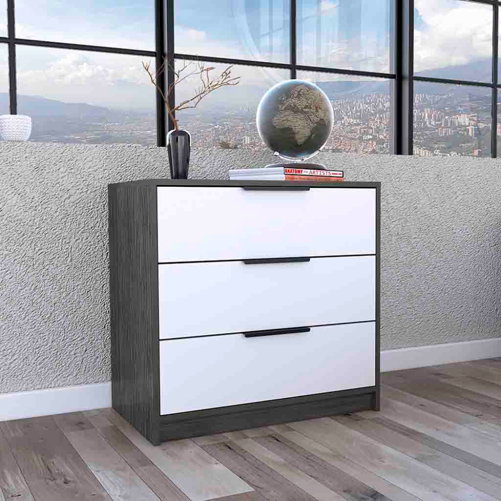 Dresser 27'H, 3 Drawers Dresser, Superior Top, Smokey Oak / White