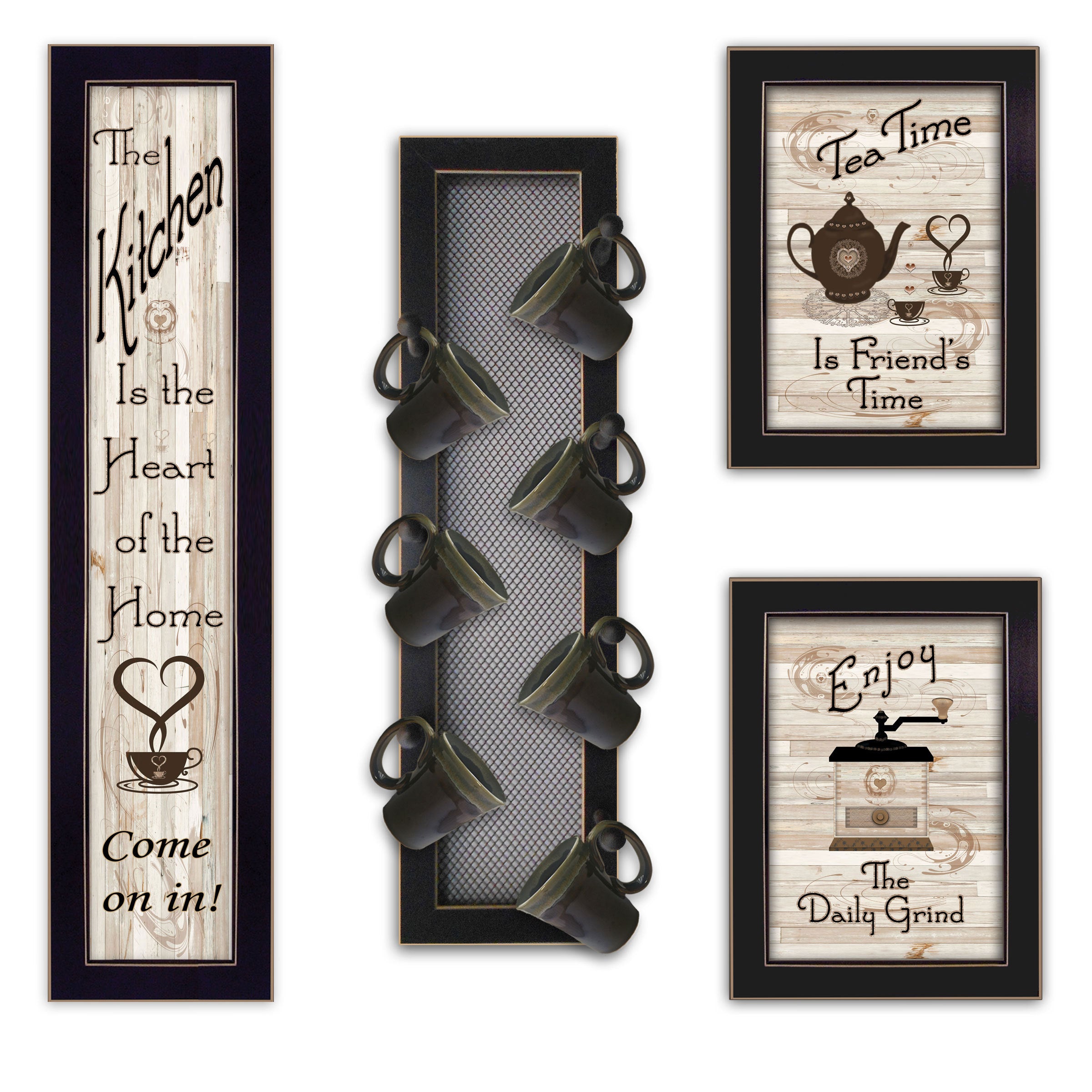 'Kitchen Collection V' 4-Piece Vignette with 7-Peg Mug Rack by Millwork Engineering, Black Frame
