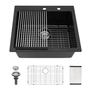 Quartz Kitchen Sink - 25 x 22 Inch Black Granite Composite Drop-In Sink