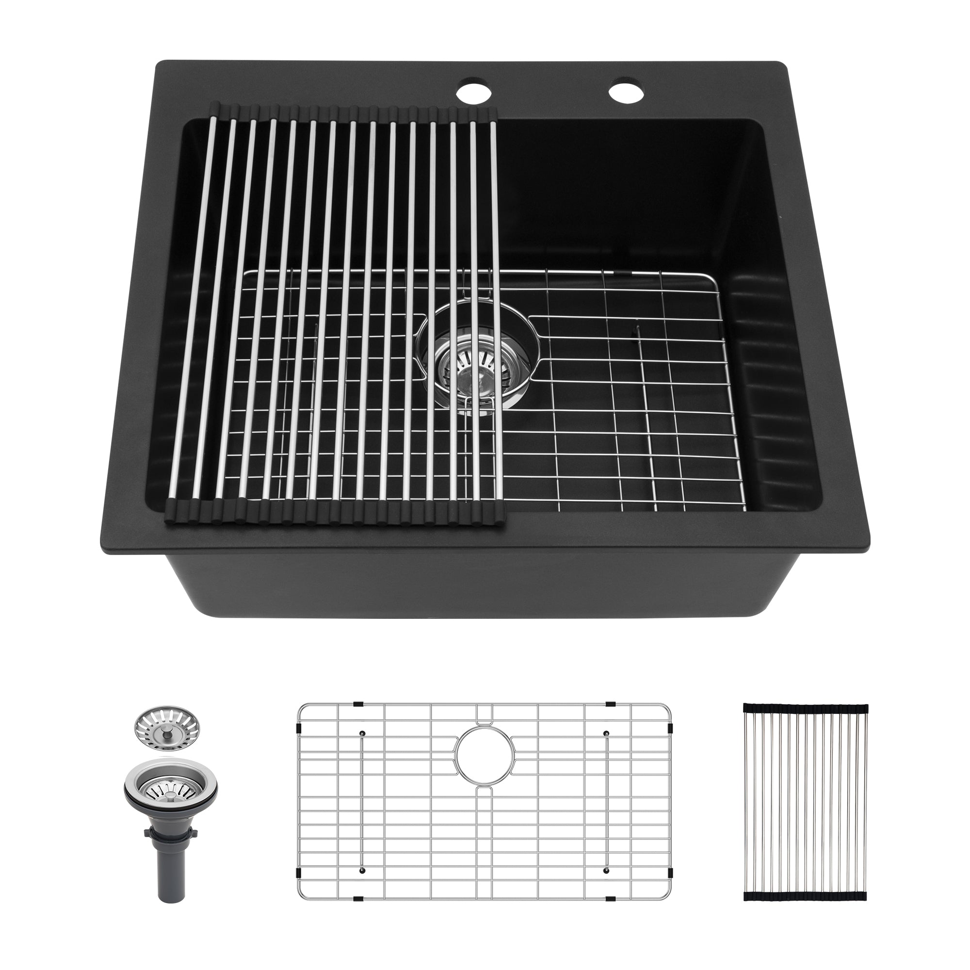 Quartz Kitchen Sink - 25 x 22 Inch Black Granite Composite Drop-In Sink