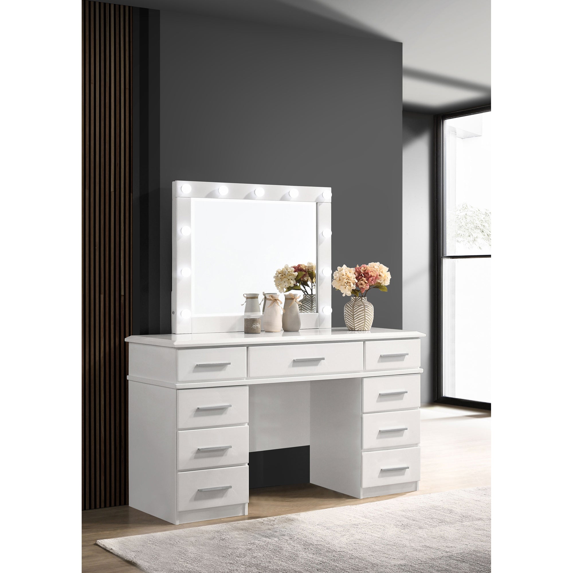 Sarah Glossy White 9-Drawer Vanity Desk