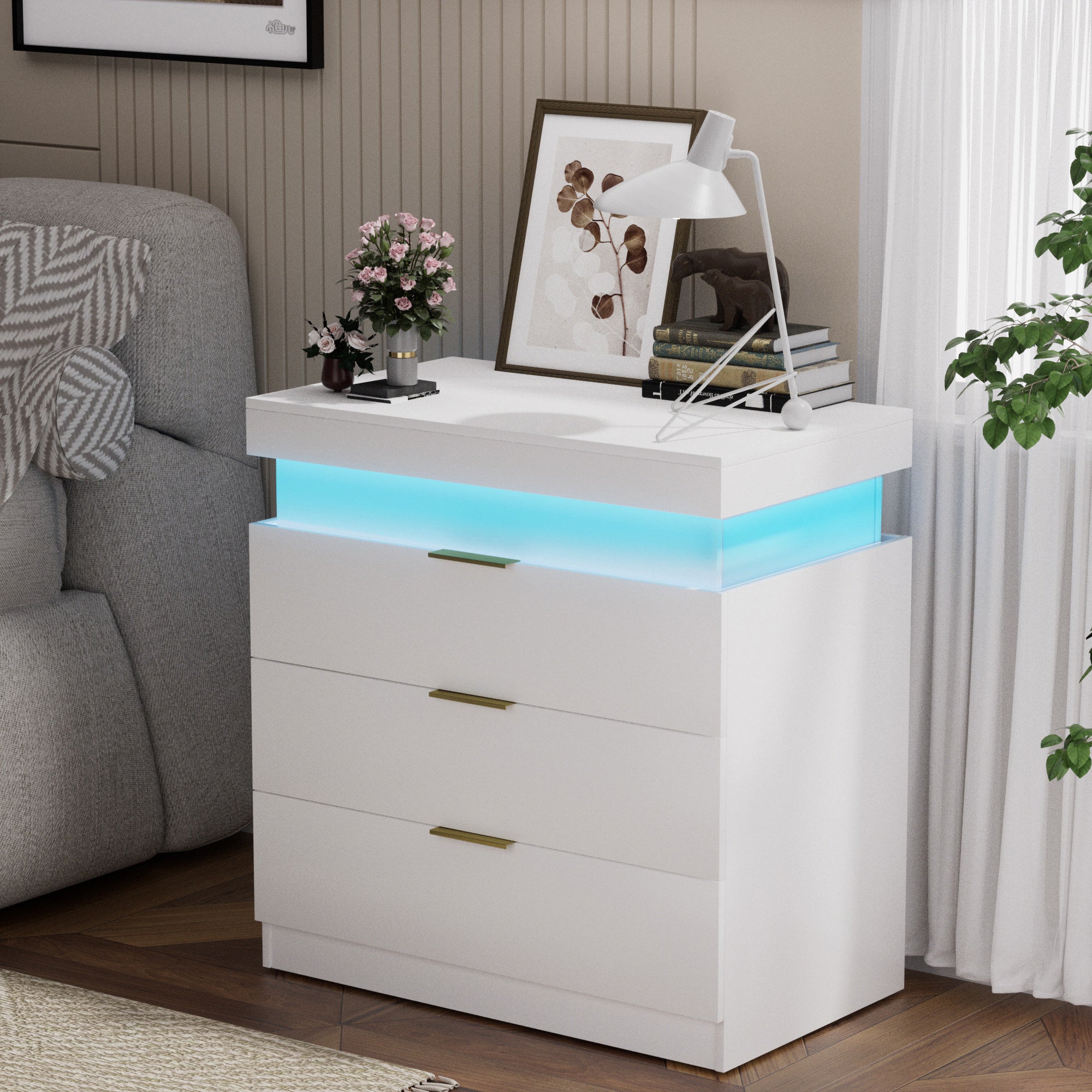 Nightstand with Charging Station and LED Lights,Night Stand with Sliding Top for Bedroom,Bedside Table with Drawers,Modern End Side Table,White.28.8''W x 17''D x 30.5''H.