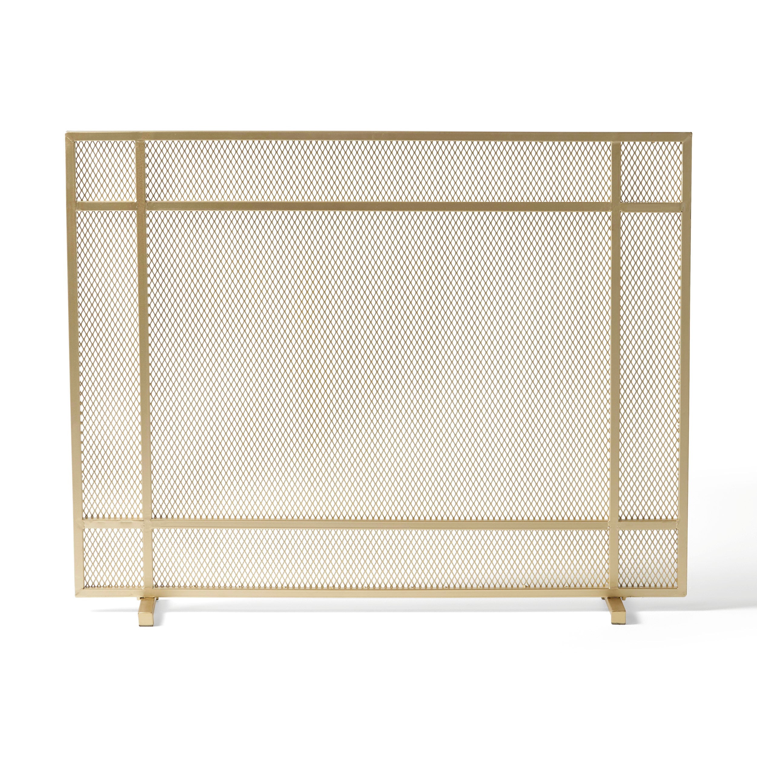 Modern Single Panel Iron Fireplace Screen Gold Finish Handcrafted Minimalistic Design