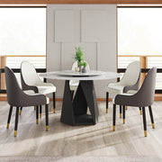 53' Round Marble Dining Table with Black Iron Metal Base, Artificial Marble for 6 People, 23.62'White Artificial Stone Turntable,White (Dining Table Only)