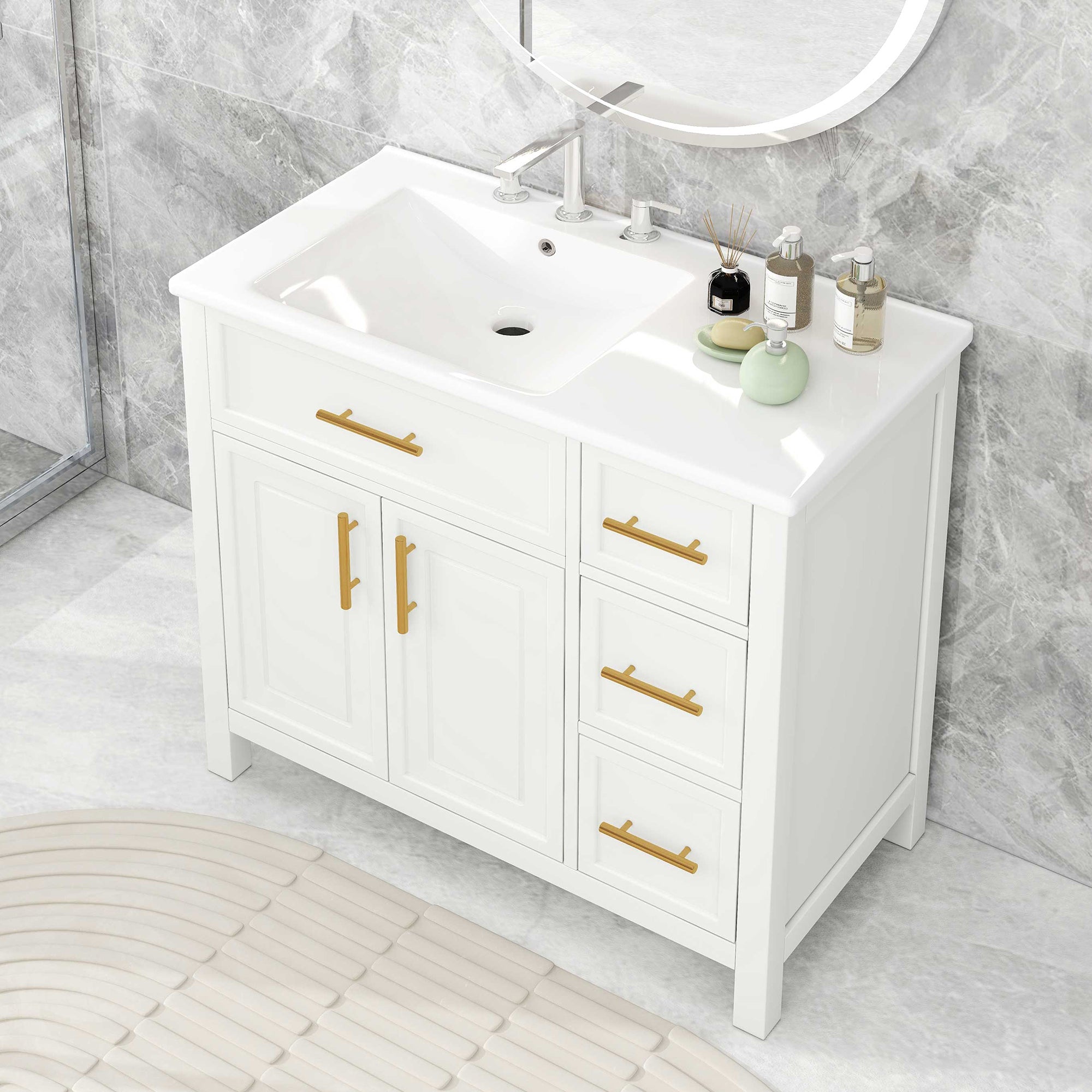 36' Bathroom Vanity with Sink Top, Bathroom Vanity Cabinet with Two Doors and Three Drawers, Solid Wood , MDF Boards ,One Package, White (Old Sku:WF319757AAK)