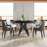 59.05' Round Marble Dining Table withSilver Stainless Steel Design Base, Artificial Marble for 6-8 People, 31.5'Black Artificial Stone Turntable,Black (Dining Table Only)