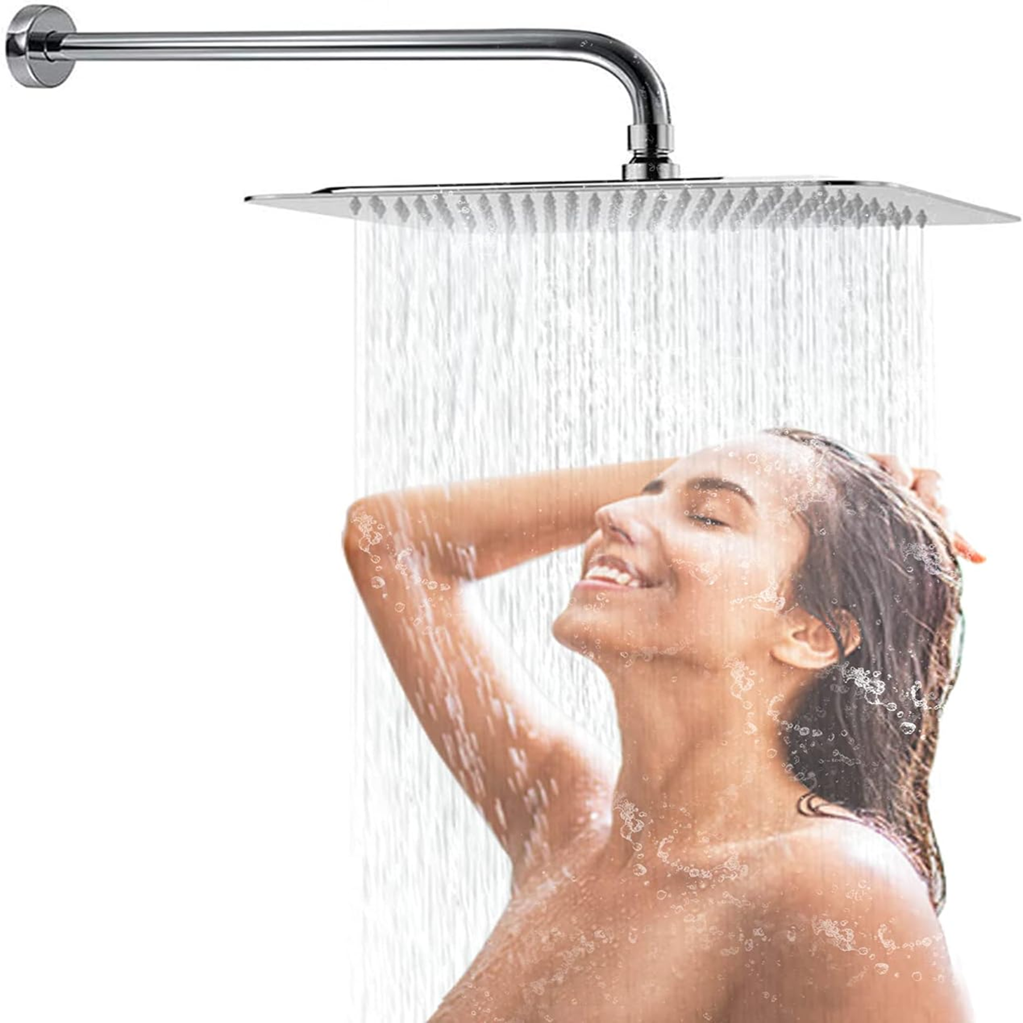 12 Inch Chrome Rain Shower Head, Square Ultra Thin 304 Stainless Steel High Pressure Shower Head Waterfall Full Body Coverage Waterfall Shower Head