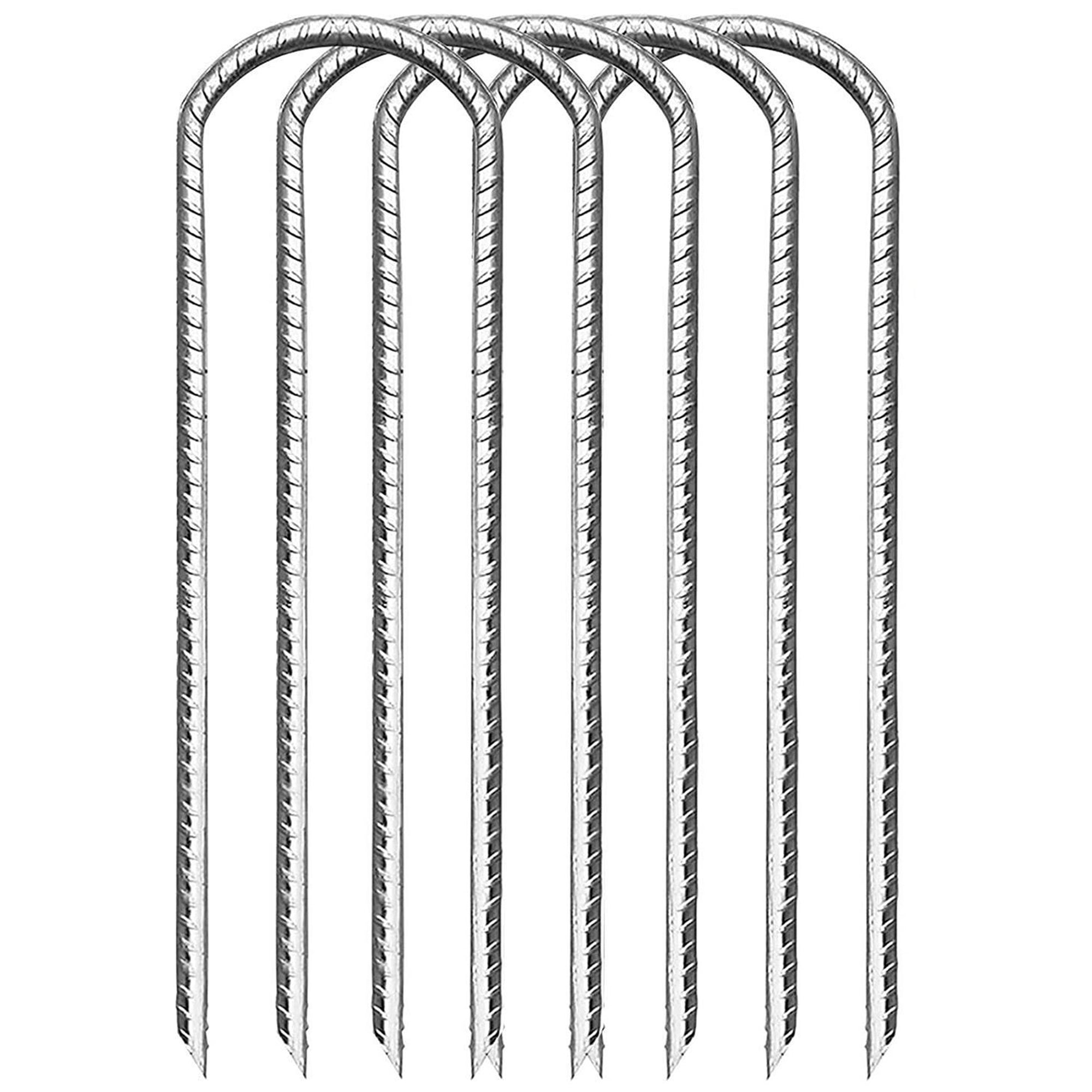 U-Shaped 0.4 in. x 12 in. Silver Steel Rebar Staples (16 Pack) - Heavy Duty Landscaping Pins for Securing Fabric, Netting & Fencing