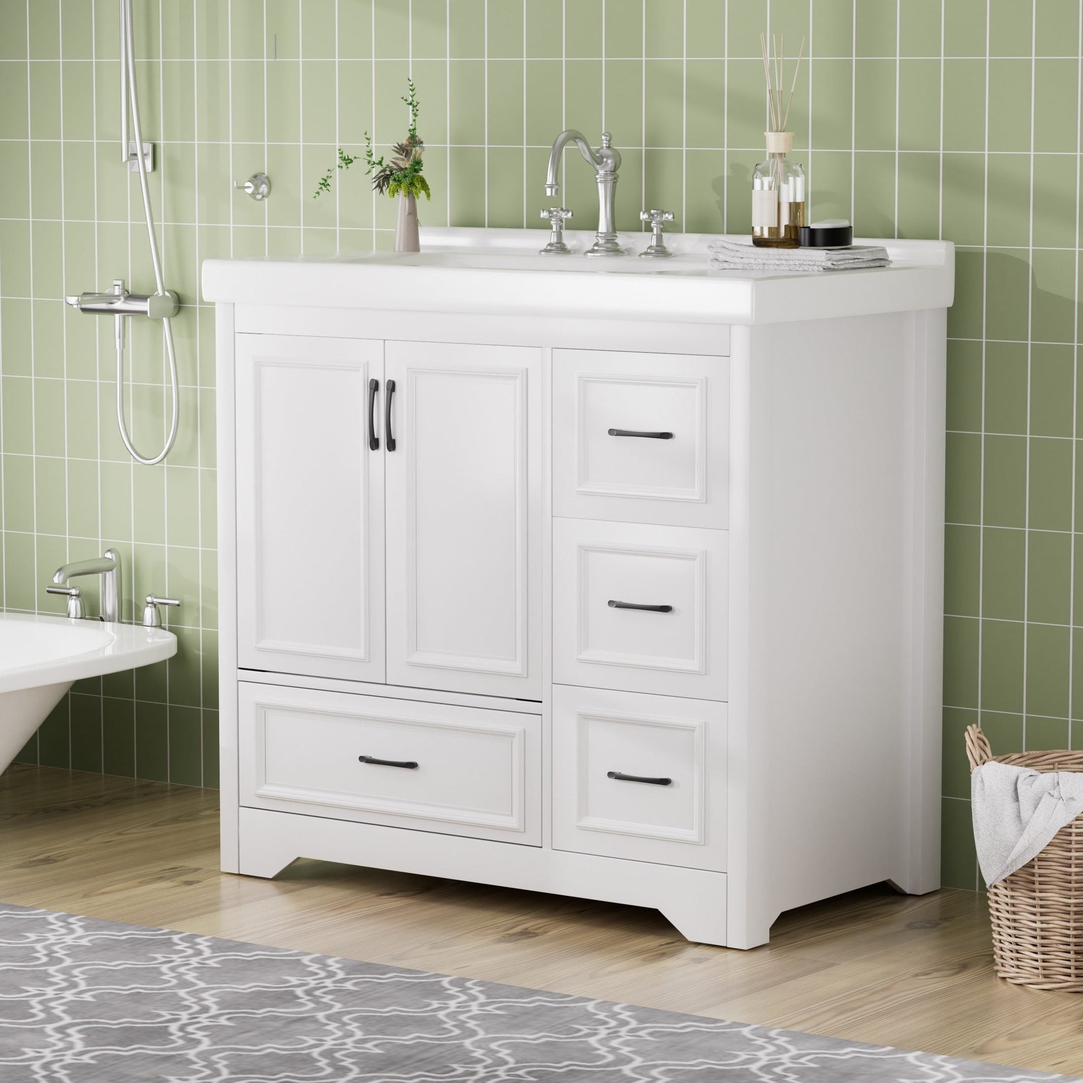 Cabinet Without Basin, 36-Inch Bathroom Cabinet, Bathroom Sink Cabinet with 2 Closing Doors and 4 Drawers. white color, 35.8''W x 19.7''D x 35.4''H.---Cabinet only !!!