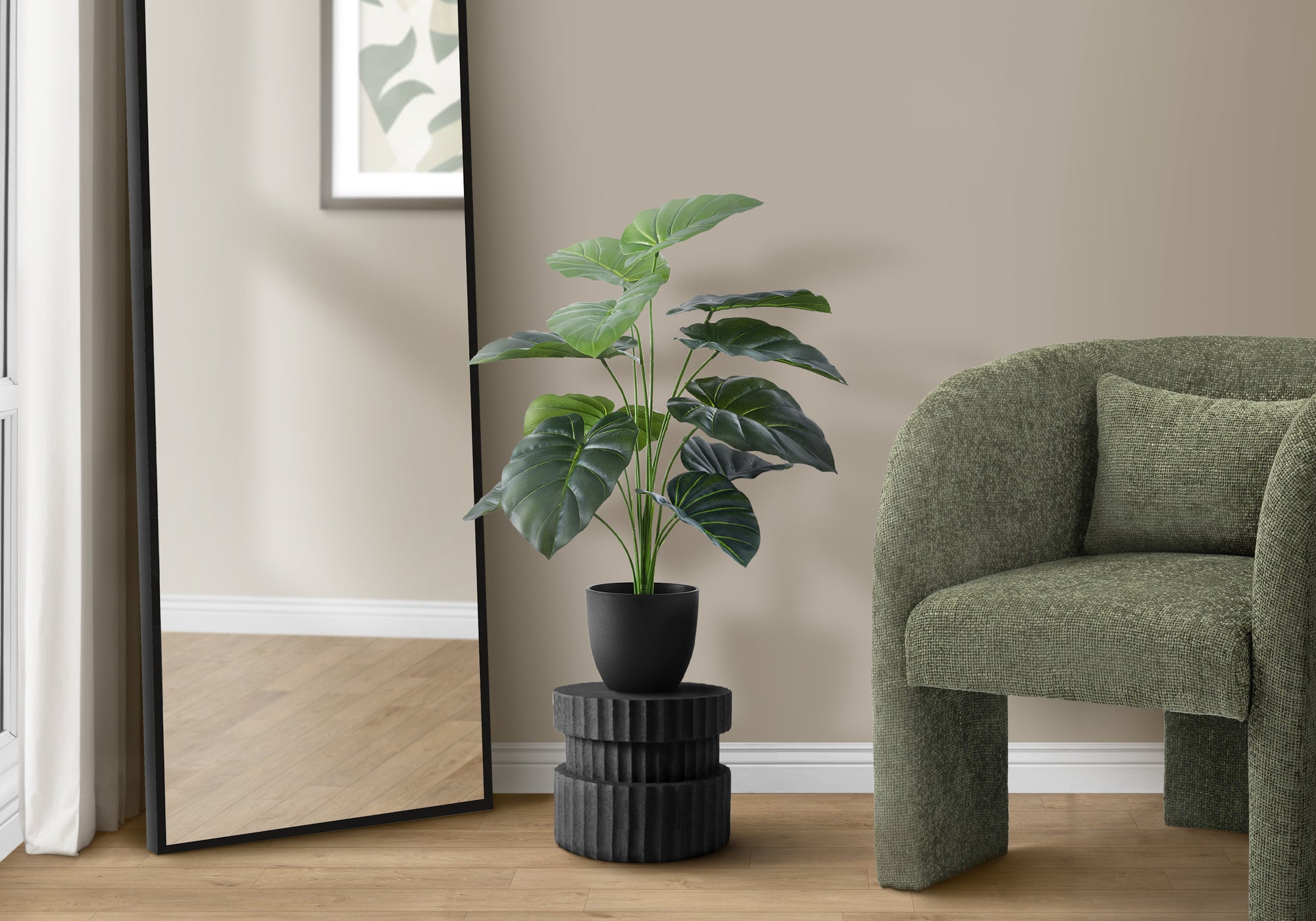Artificial Plant, 24' Tall, Alocasia, Indoor, Faux, Fake, Table, Greenery, Potted, Real Touch, Decorative, Green Leaves, Black Pot