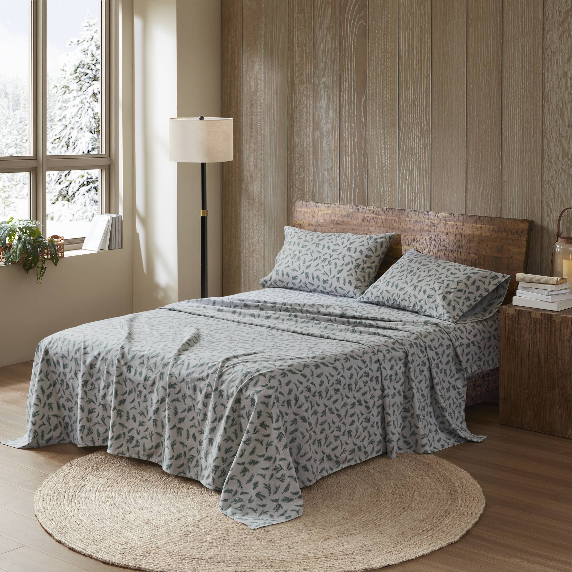 4 Pieces King 100% Cotton Flannel Printed Sheet Set,Pine Branches