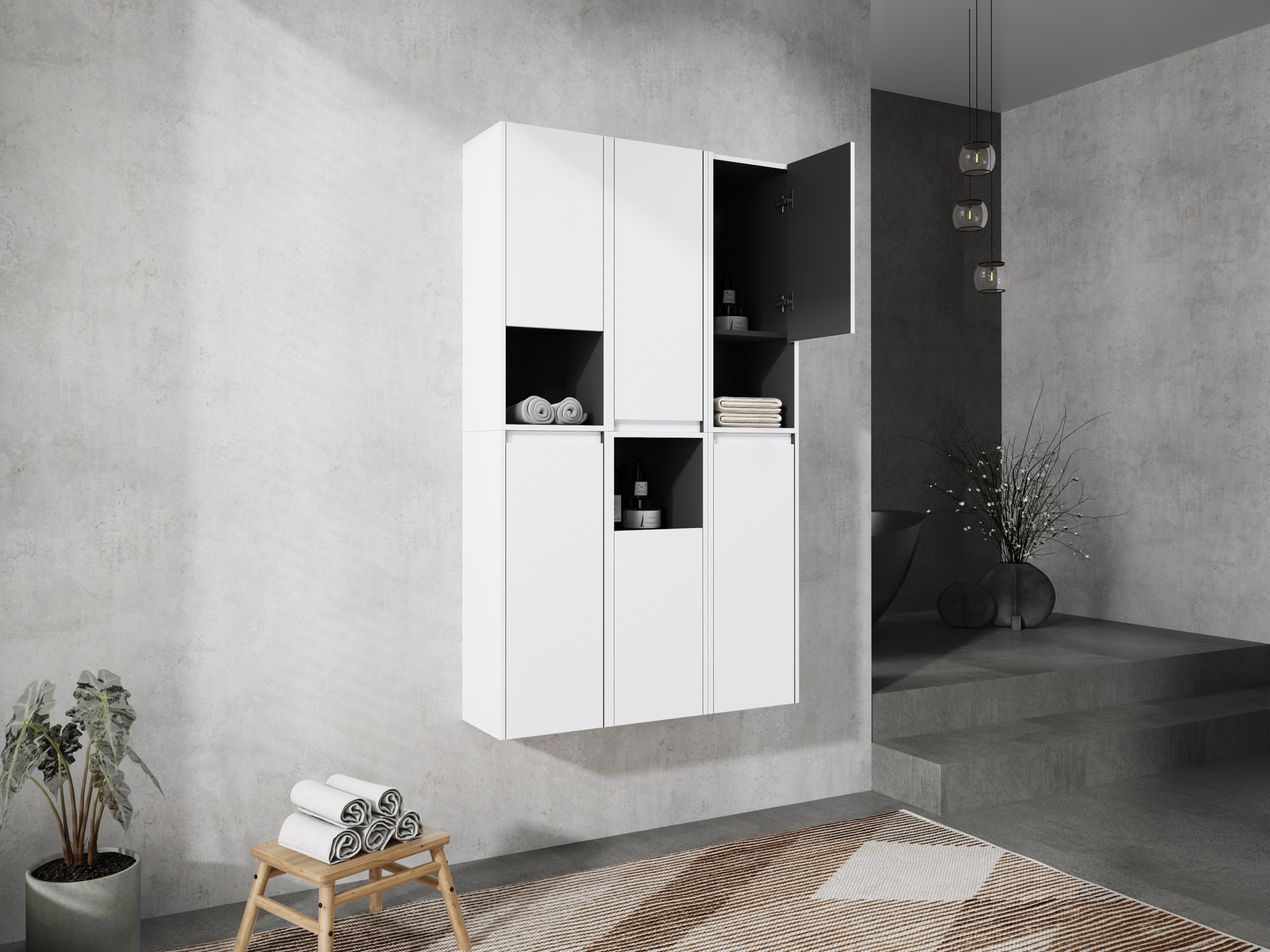 12' Bathroom Side Cabinet,6-Soft Close Doors,Float Mounting Design,0112WH*3-0212WH-K*3(KD-Packing)