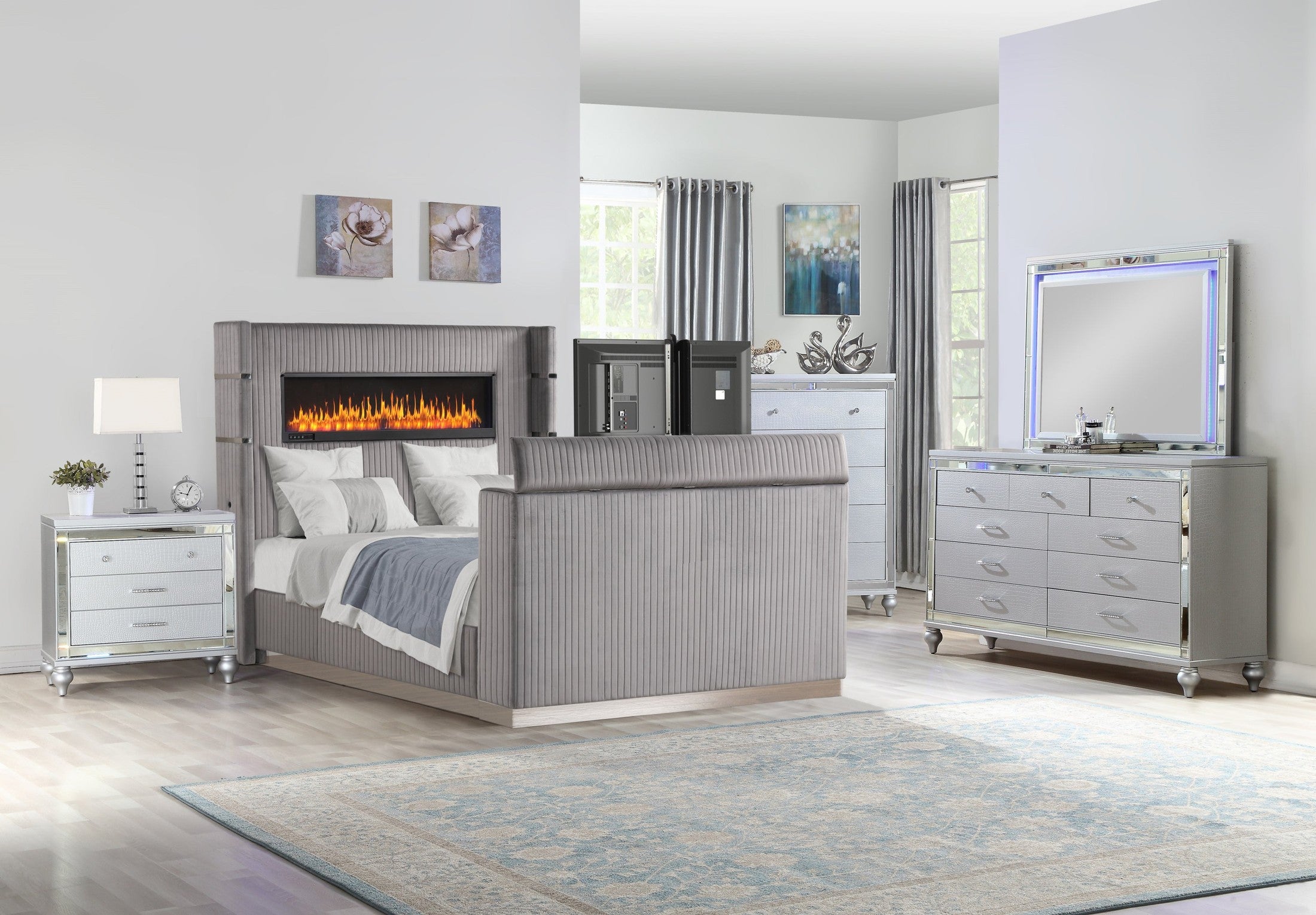 Lavish Modern Style 5 Pc Queen Bedroom Set Made with Fireplace in Headboard & TV stand in Footboard with Wood in Grey(NJ INVENTORY)