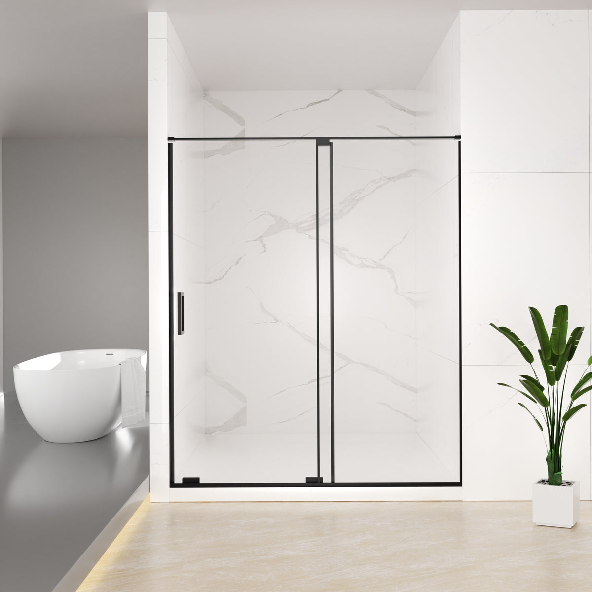 56-60' W x 72' H Semi-Frameless Sliding Shower Door, 5/16'(8mm) Clear SCGG Tempered Glass, Matte Black Finish, Cut Adjustable Width 4'