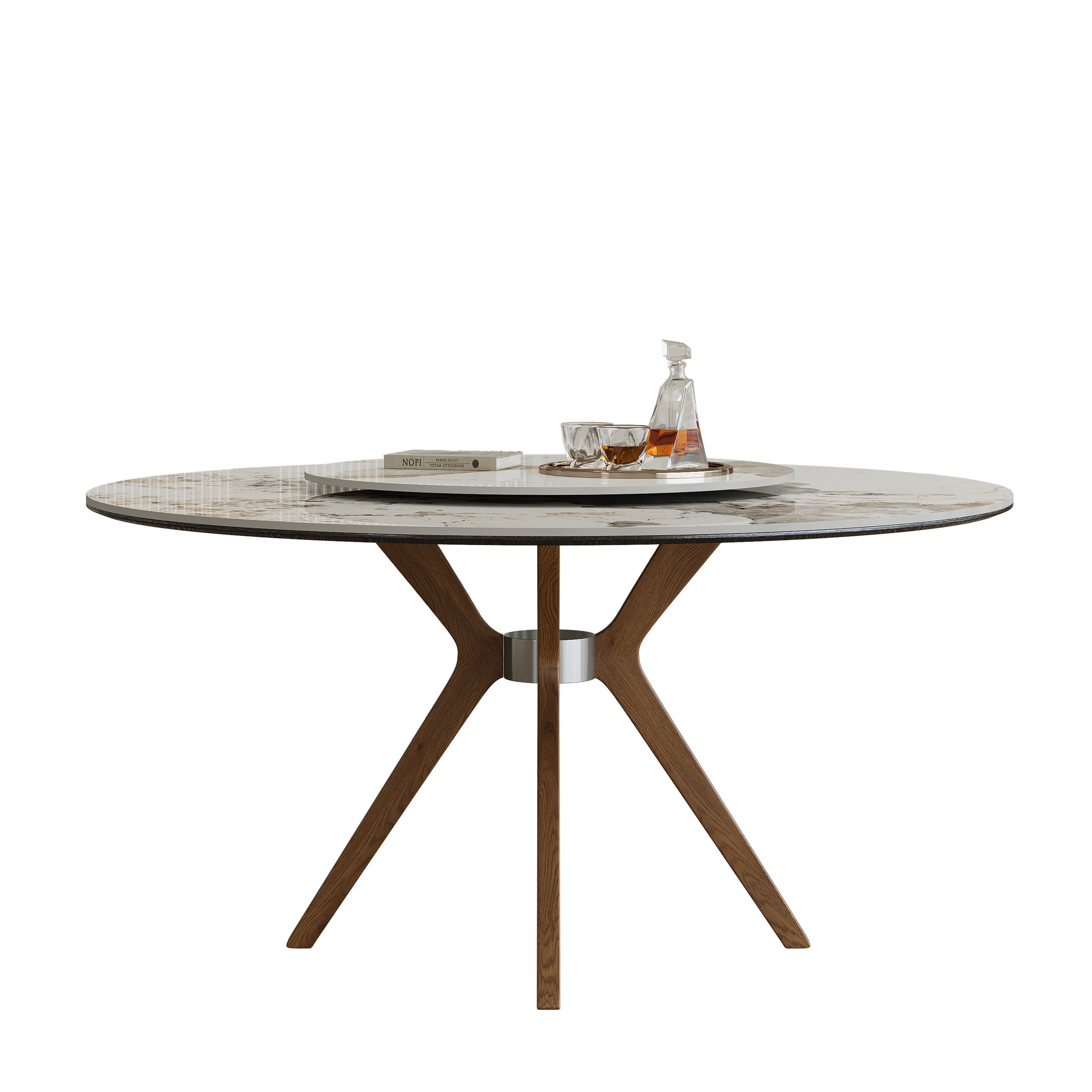 Modern 59-inch Sintered Stone Dining Table with 35-Inch Turntable, Walnut Wood Base, White