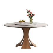 59-Inch Modern Sintered Stone Dining Table with 35-Inch Turntable, Walnut Wooden Base, Seats 6-8