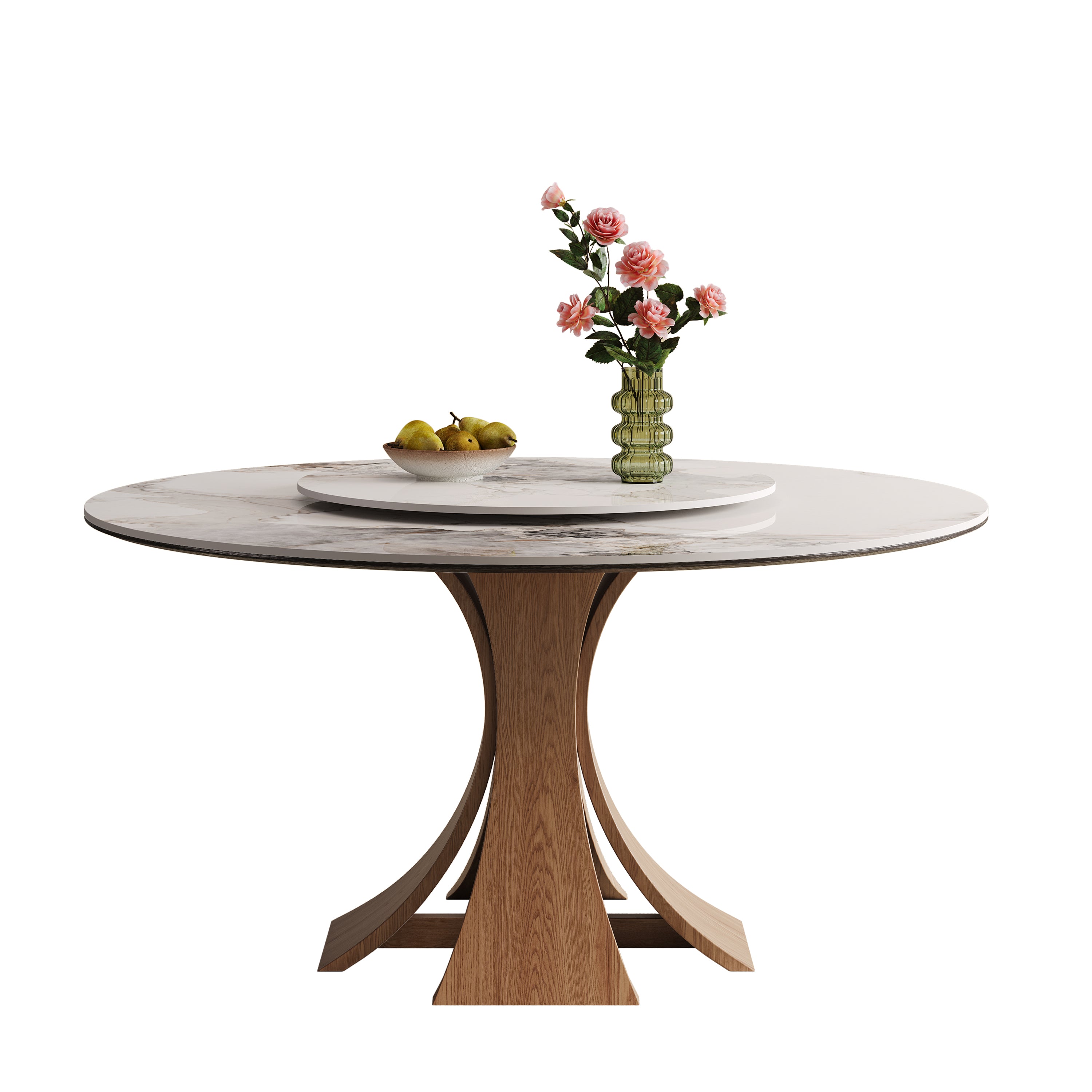 59-Inch Modern Sintered Stone Dining Table with 35-Inch Turntable, Walnut Wooden Base, Seats 6-8