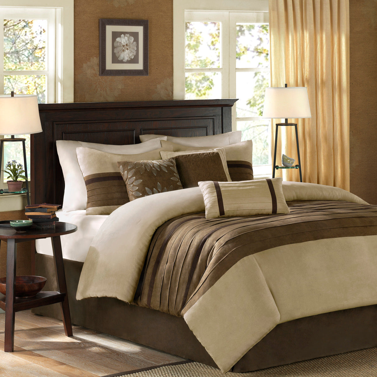 7 PC Pieced Faux Suede Comforter Set Natural Cal King