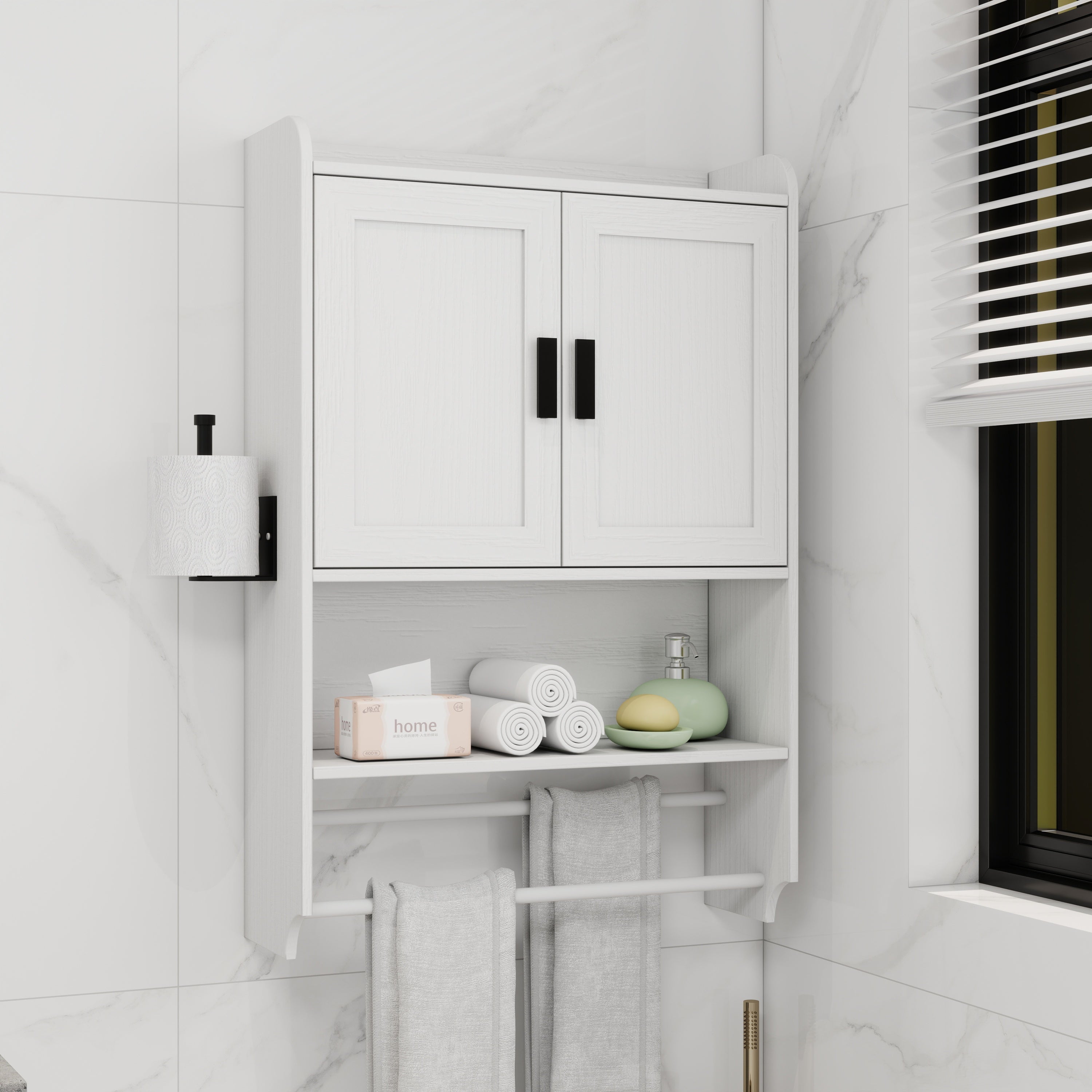 Bathroom Wall Cabinet with Doors,Adjustable Shelf,Towel Bar and Paper Holder, Over The Toilet Storage Cabinet, Medicine Cabinet for Bathroom-White