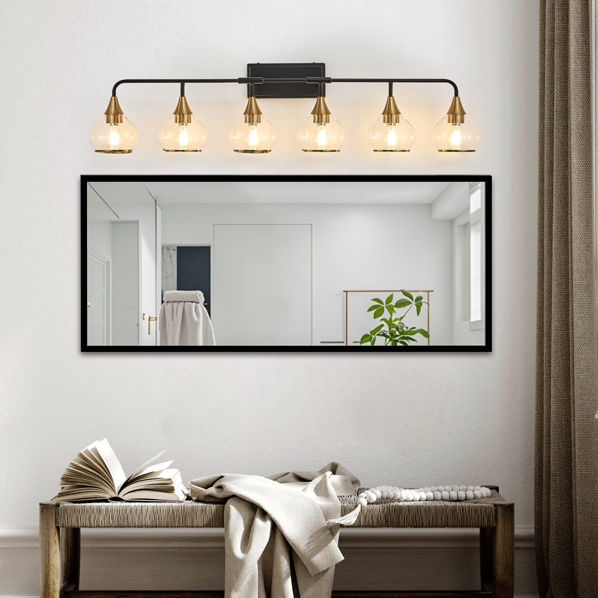 48' Modern 6-Light Vanity Wall Sconce - Black and Gold Bathroom Light Fixture with Clear Glass Shades, Industrial Wall Mounted Lamp for Mirror, Vanity, and Living Spaces (Bulb Not Included)