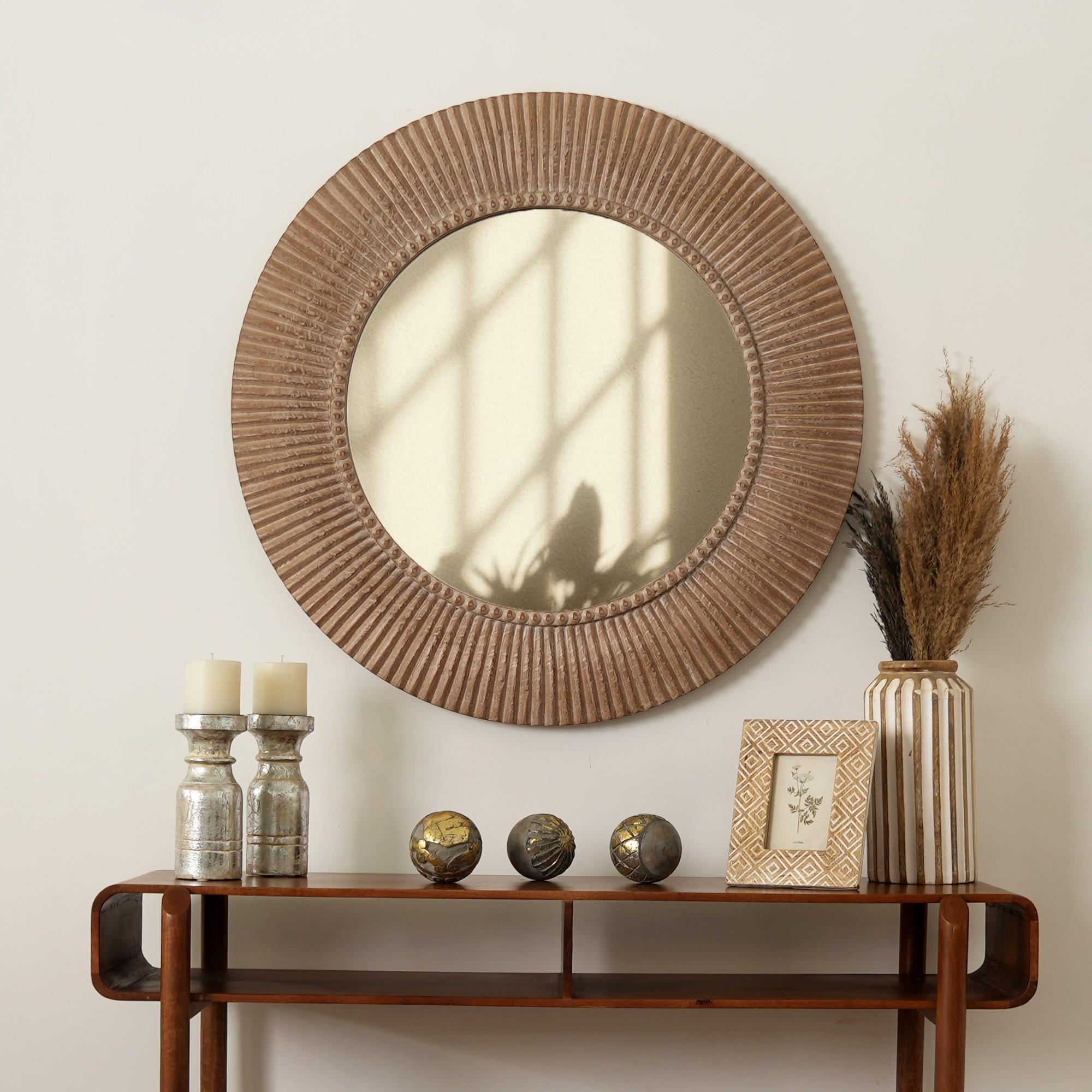 Rustic Farmhouse Style Handcarved Wooden Decorative Hanging Wall Mirror in Antique Brown and White, 36 Inches