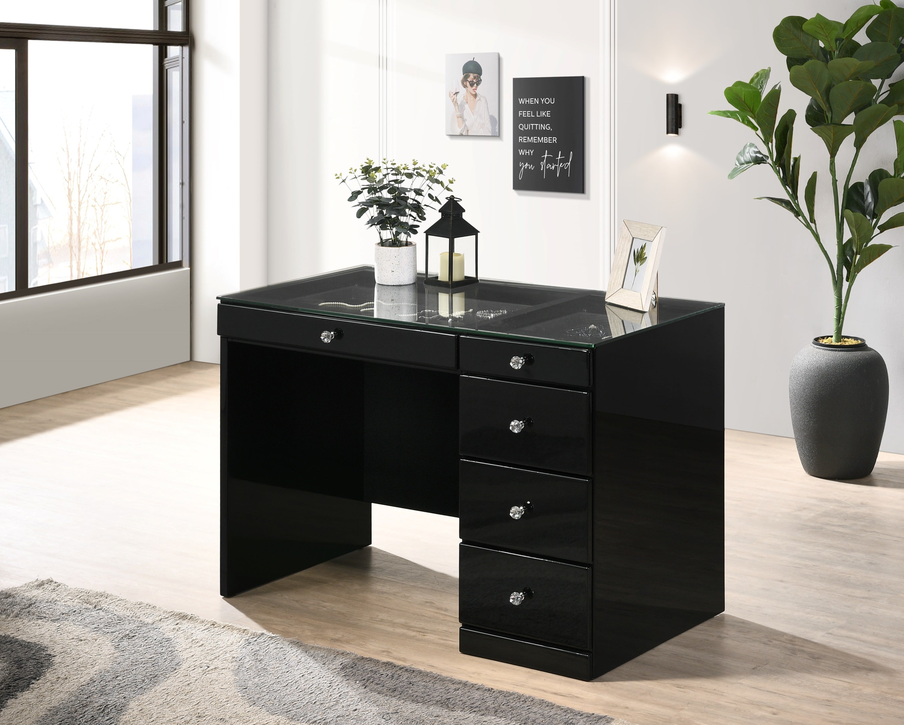 1pc Glam Makeup Vanity Table Glass Top 5 Drawers Crystal Knobs Black Wooden Bedroom Furniture