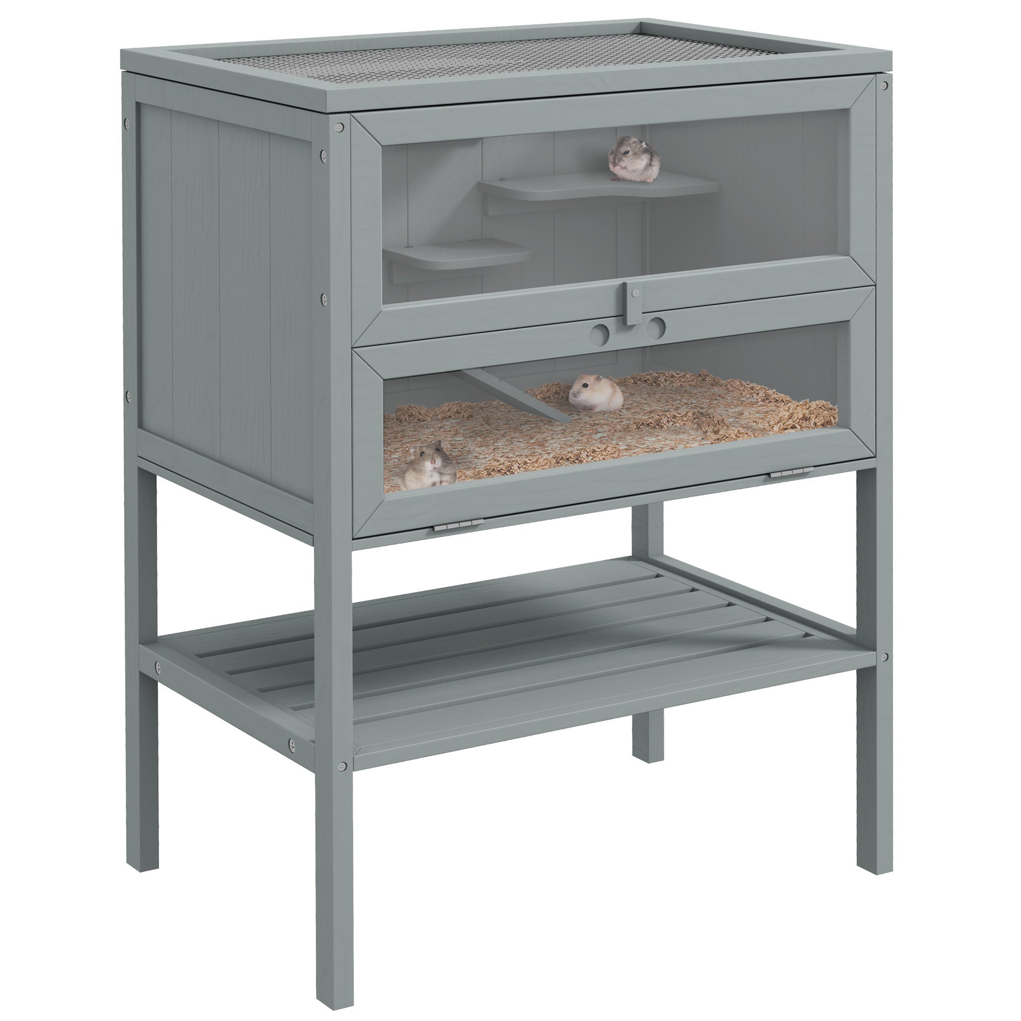 PawHut 3-Tier Wooden Hamster Cage Mice and Rat Cage Small Animals Hutch with Openable Top, Front Door, Storage Shelf, Gray