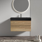 36' Bathroom Vanity with Oak  Engineered Quartz Sink and Soft Black Drawers, Wall Mounted Floating Bathroom Vanity for Modern Bathroom, One-Piece Matt Black Basin, KD