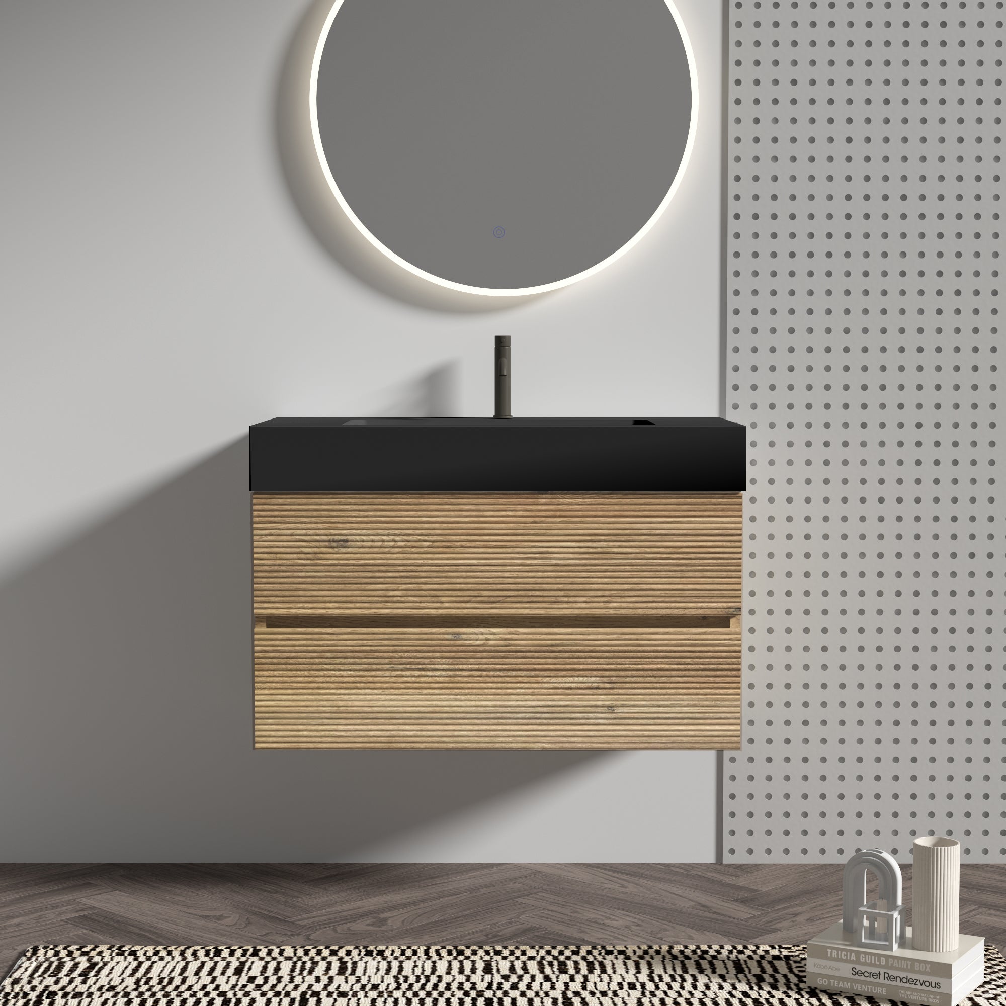 36' Bathroom Vanity with Oak  Engineered Quartz Sink and Soft Black Drawers, Wall Mounted Floating Bathroom Vanity for Modern Bathroom, One-Piece Matt Black Basin, KD
