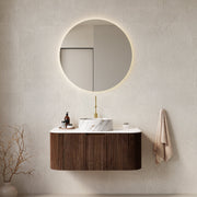 DINA 36' Bathroom Vanity with Sink, Wall-Mounted Floating Curved Edges Striped Bathroom Storage Cabinet with Drawer, White Ceramic Basin with Stone Pattern, Pre-assembled, Dark Walnut Woodgrain Color